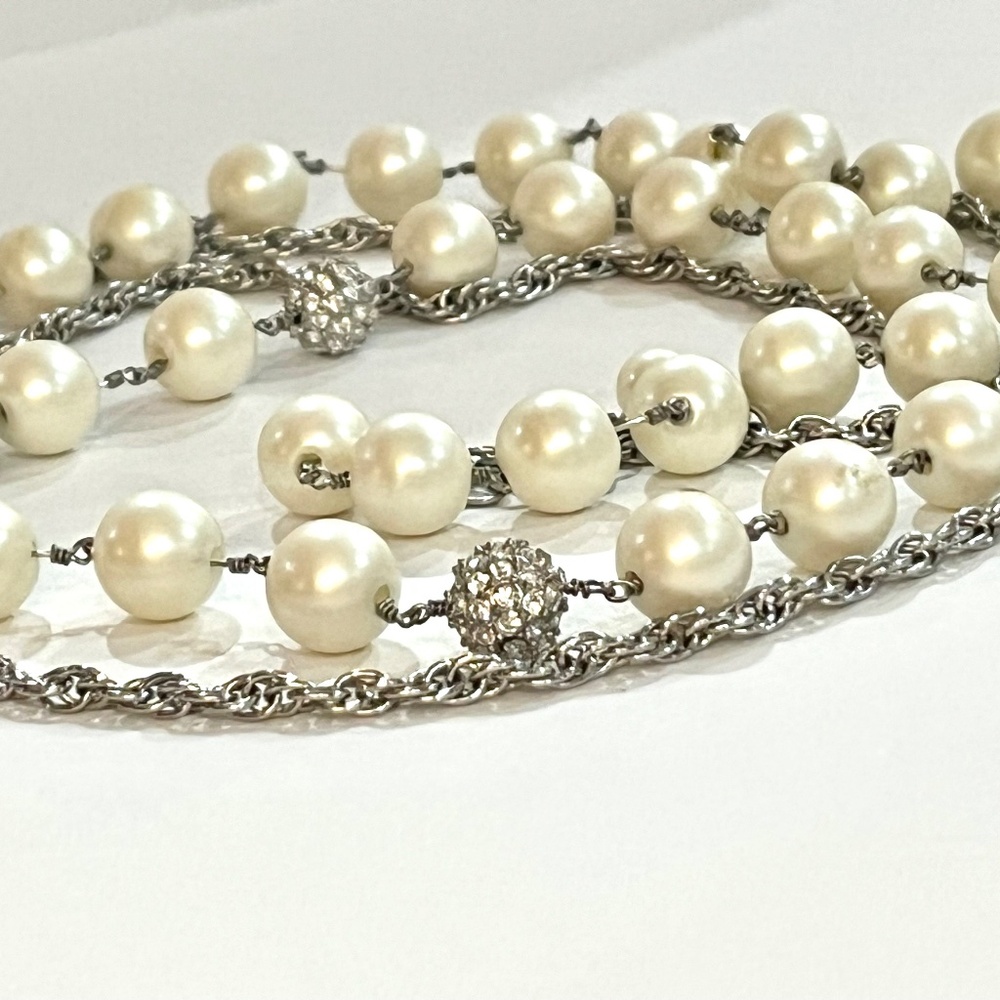 Double Strand Silver and Faux Pearl Rhinestone Necklace 16" long